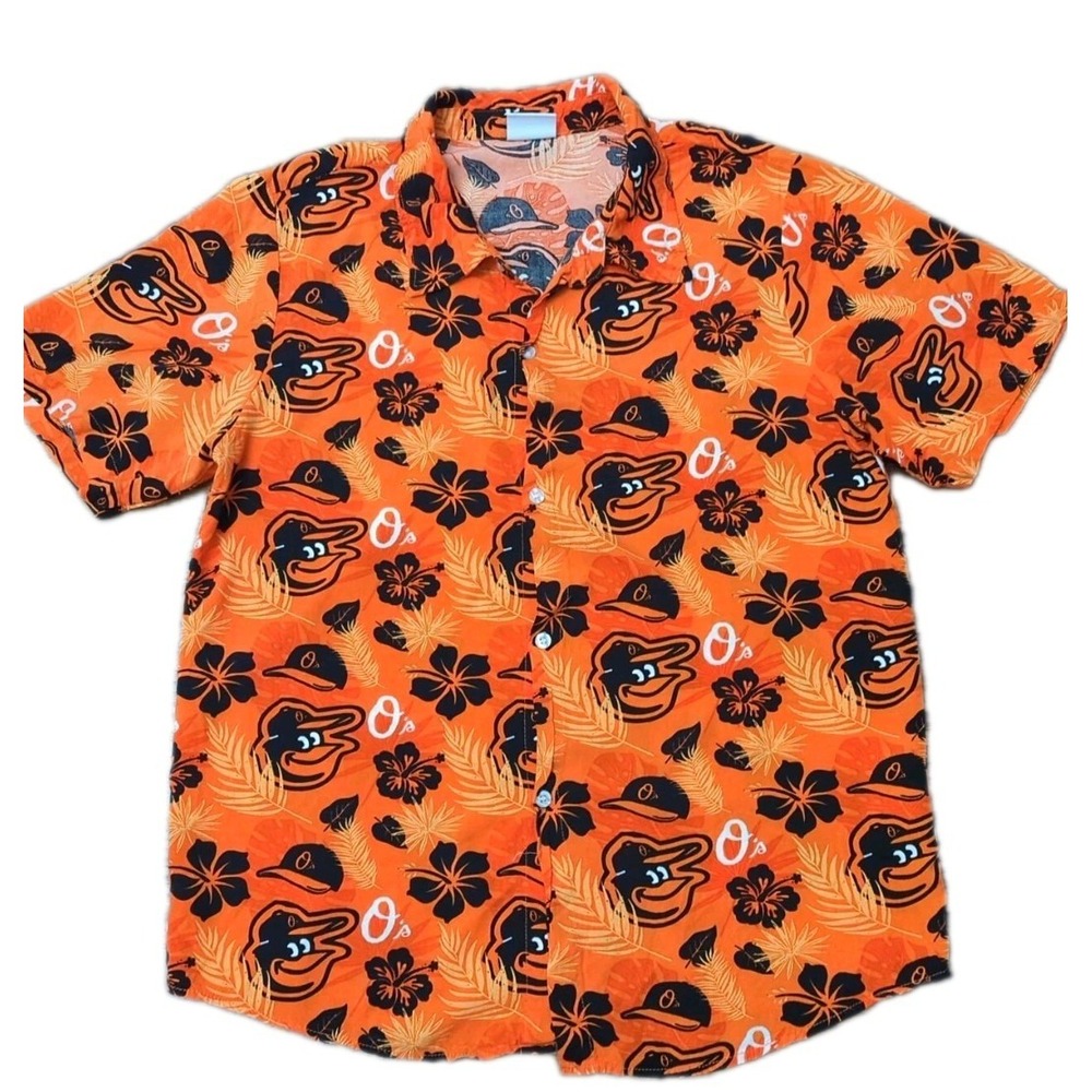 Baltimore Orioles All Over Hawaiian Button Up Shirt Orange SGA Birdland Sz M